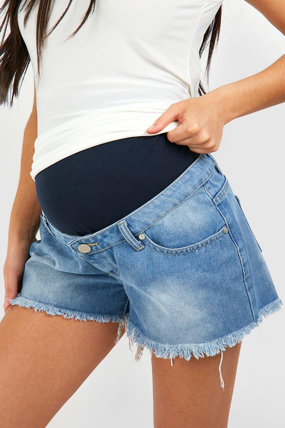 boohoo Maternity Over The Bump Frayed Hem Jean Short Blue Size 8